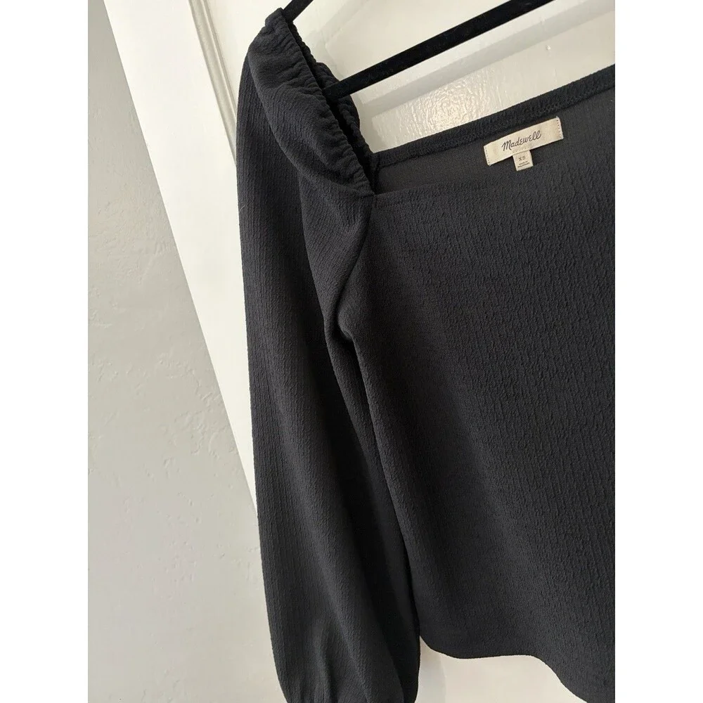 Madewell EUC Black Top Blouse XS Square Neck Puff Sleeve Romantic Feminine